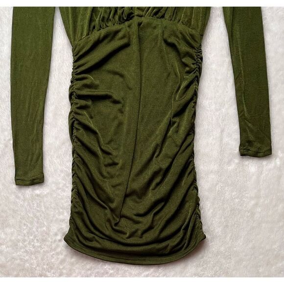 NWT Showpo Kaitie Mini Deep V Open Front Ruched Dress in Khaki, Size 4 - Picture 11 of 16